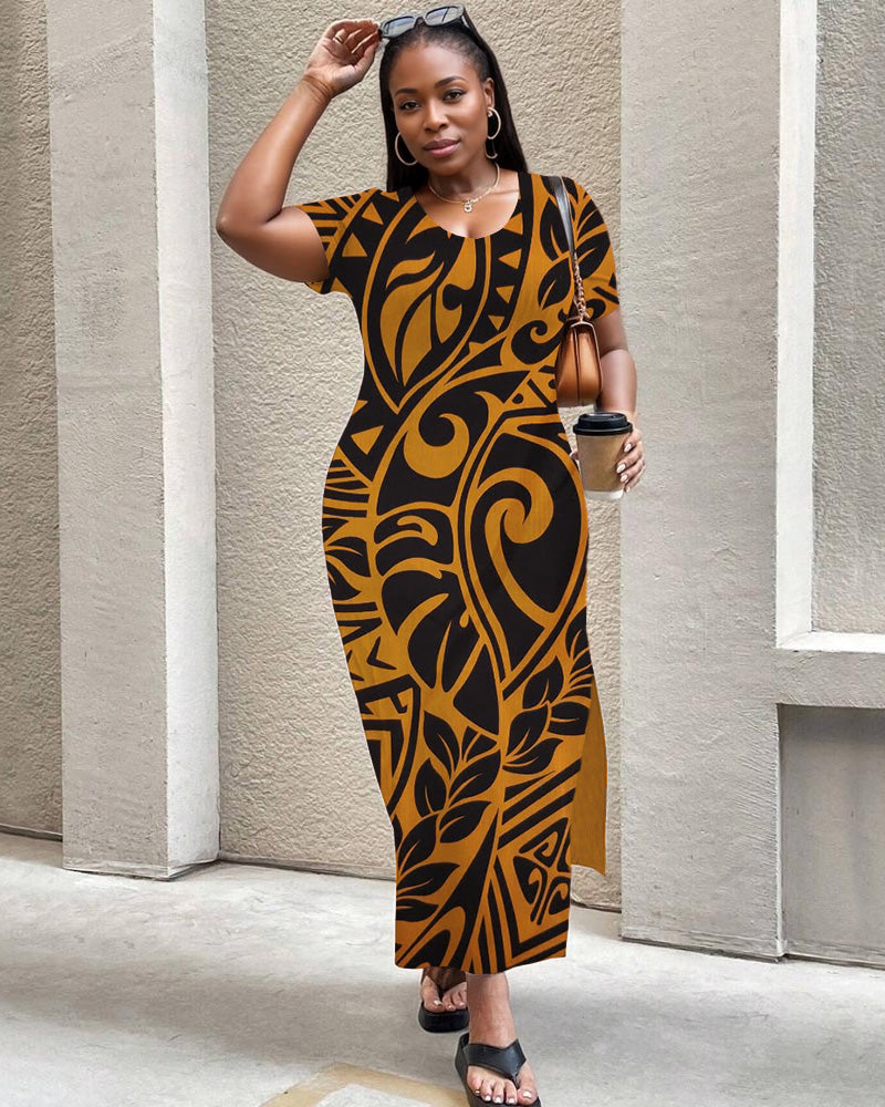 Retro Tribal Totem Print Round Neck Short Sleeve Slit Dress