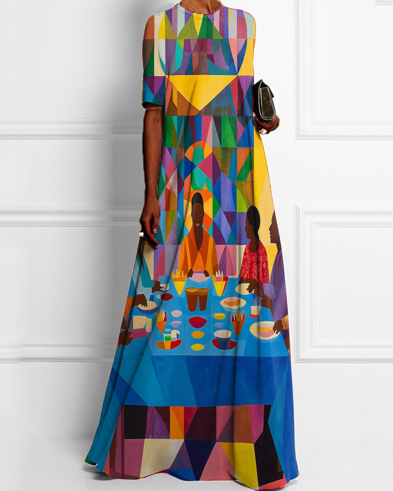 Black Personality Color Block Print Short Sleeve Long Skirt