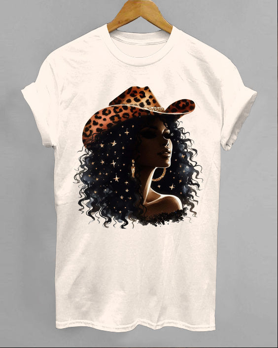Leopard Print Cowboy Hat Black CowGirl Crew Neck Short Sleeve Cotton T-shirt