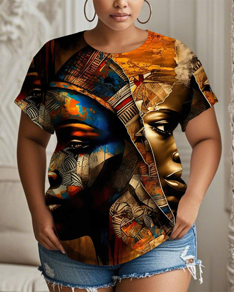 Fashionable African Patchwork Portrait Print Crew Neck Short Sleeve T-shirt