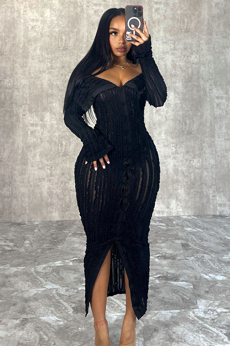 Tiktok Mesh Jacquard Off Shoulder Long Sleeve Slit Bodycon Midi Dresses-Black