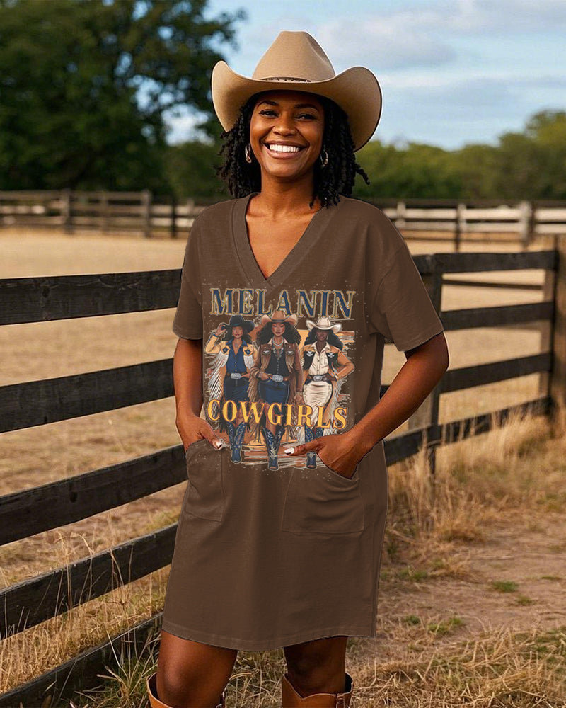 Fashion Melanin Cowgirl Swag Casual V-neck Pocket Dress