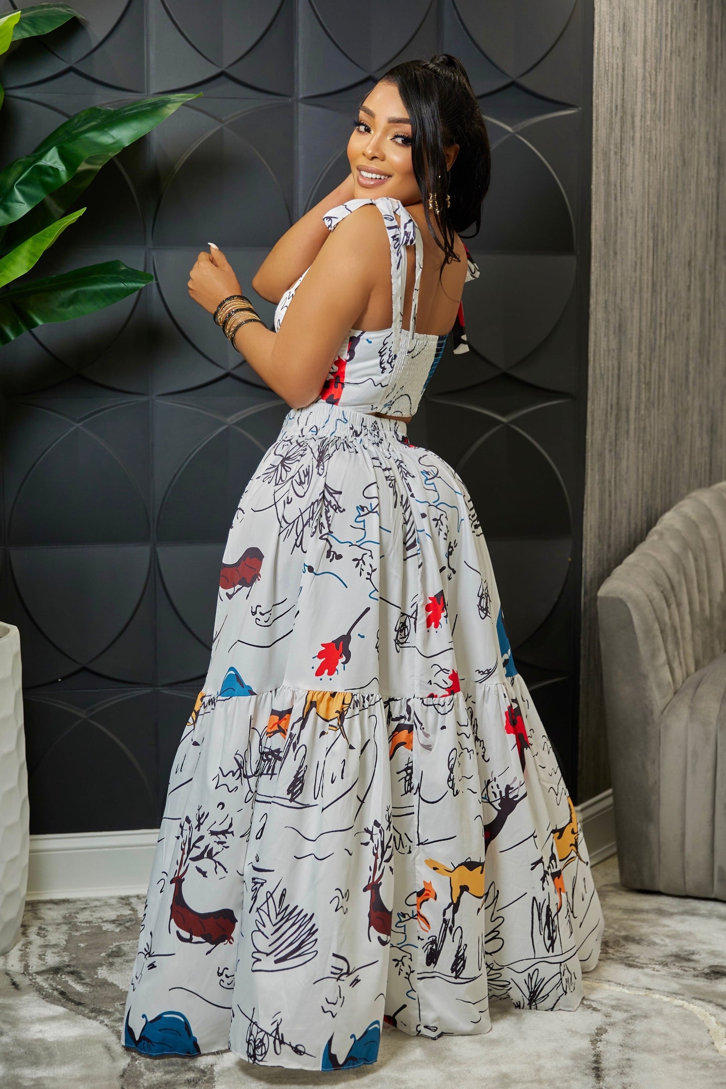 Two Piece Printed Bow Strap Crop Top Maxi Dress Set