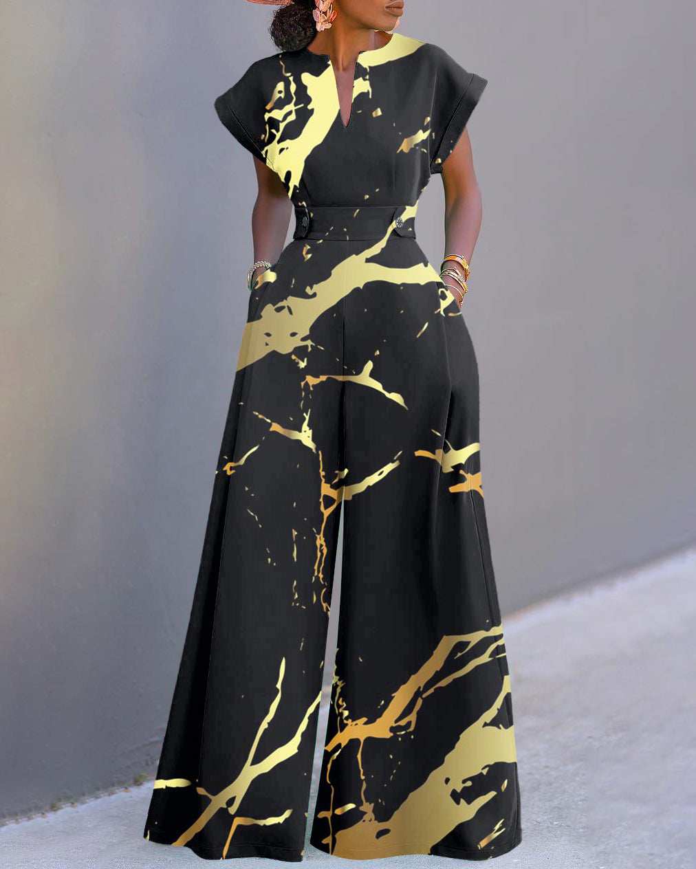 Gold Stripes Neckline Batwing Sleeve Wide Leg Jumpsuit