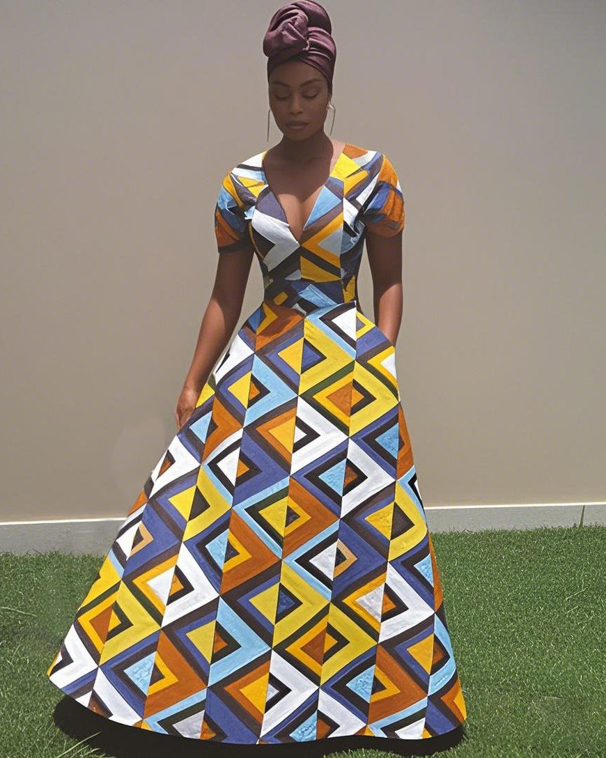 V Neck Ethnic Geometric Short Sleeve Maxi Dress