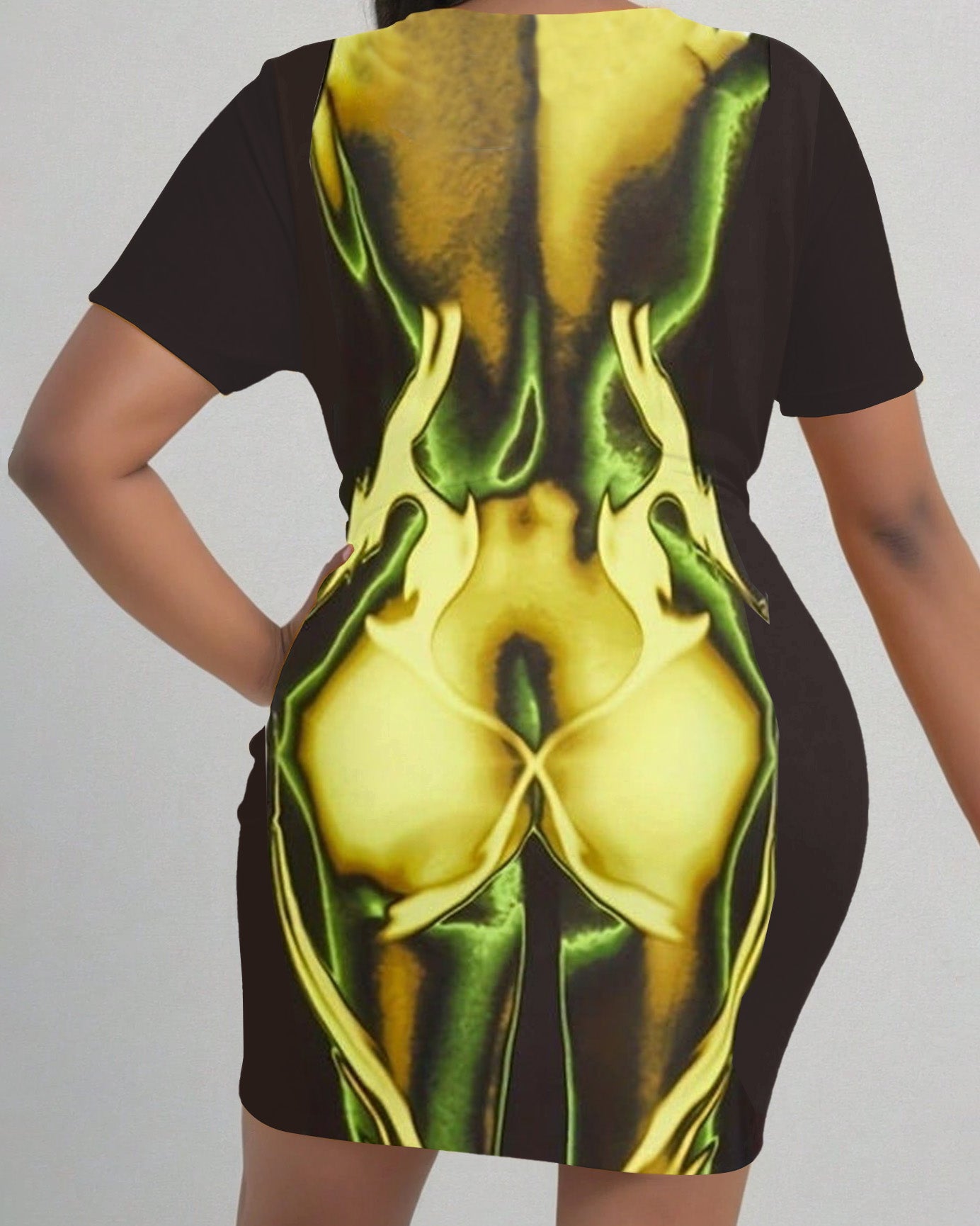 Green Fluorescent Sexy Body Print Short Sleeve Bodycon Dress