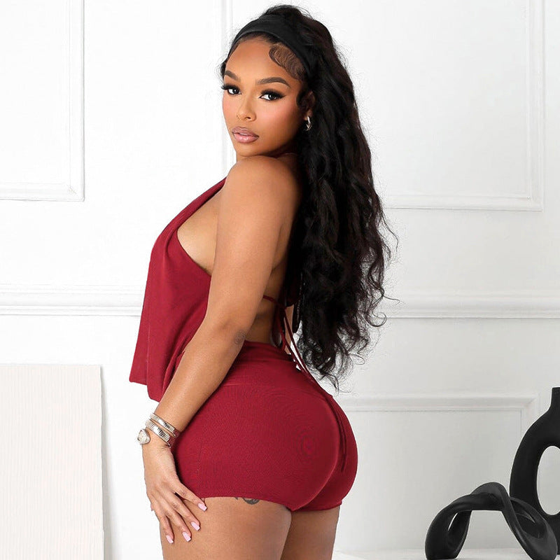 Women's Halter Swing Collar Bare Back Rope Top and Shorts Two-Piece Suit