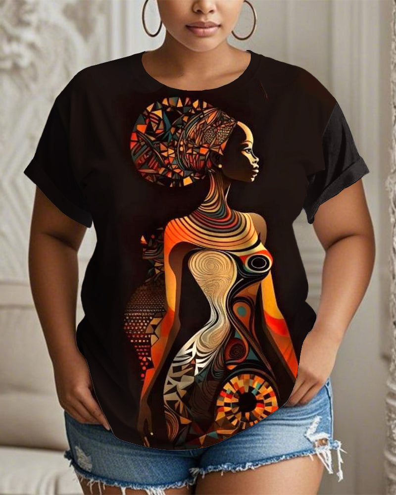 Artistic African Vintage Portrait Print Crew Neck Short Sleeve T-shirt
