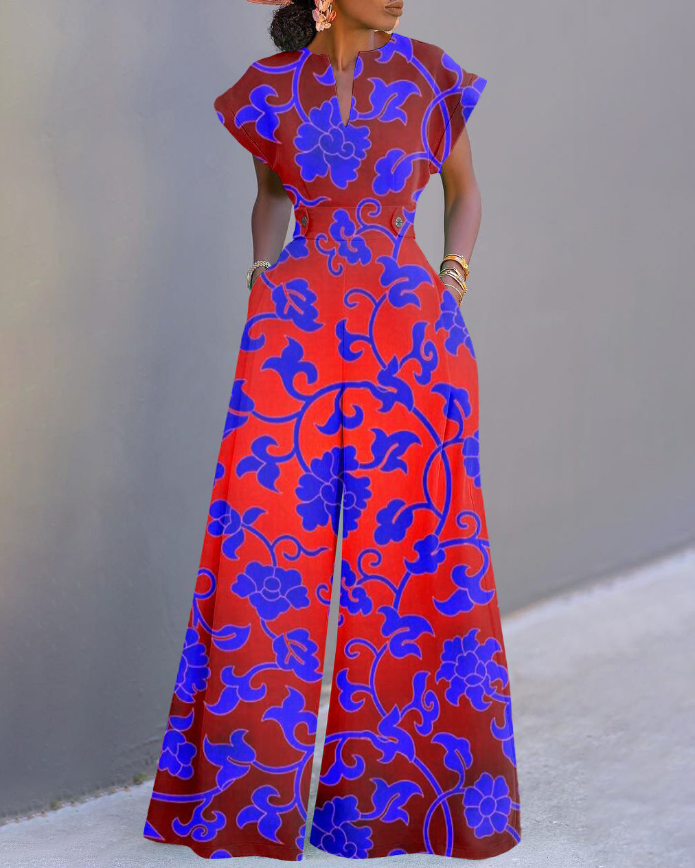 Royal Blue Flowers Neckline Batwing Sleeve Wide Leg Jumpsuit