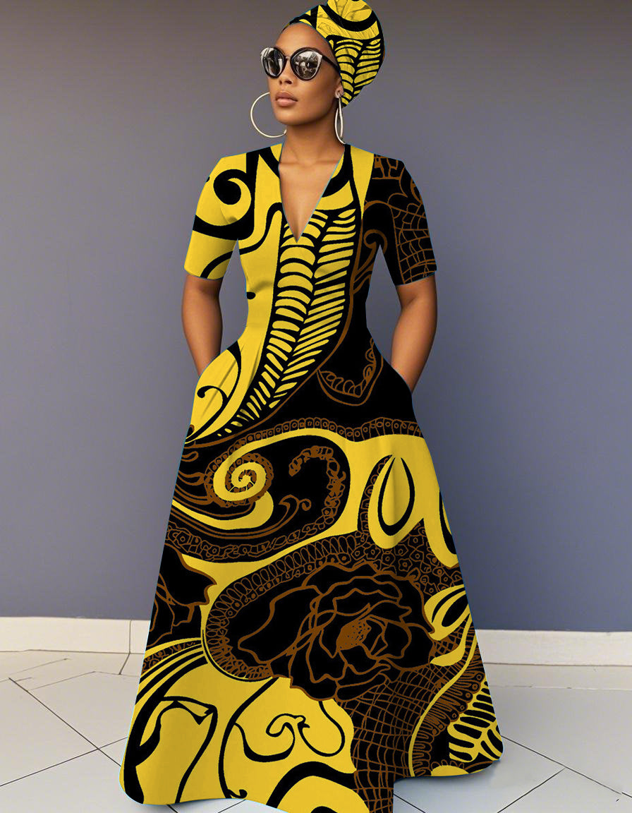 V Neck Yellow Flower Plant Short Sleeve Maxi Dress