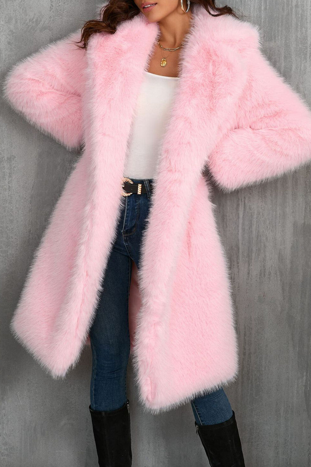 Notch Collar Long Sleeve Faux Fur Fuzzy Overcoat-Camel