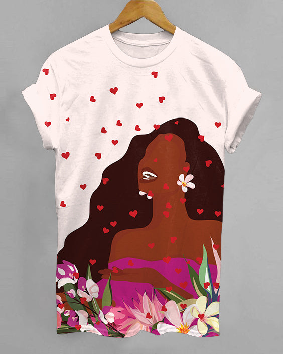 Love Heart Long Hair Girl Crew Neck Short Sleeve Tshirt