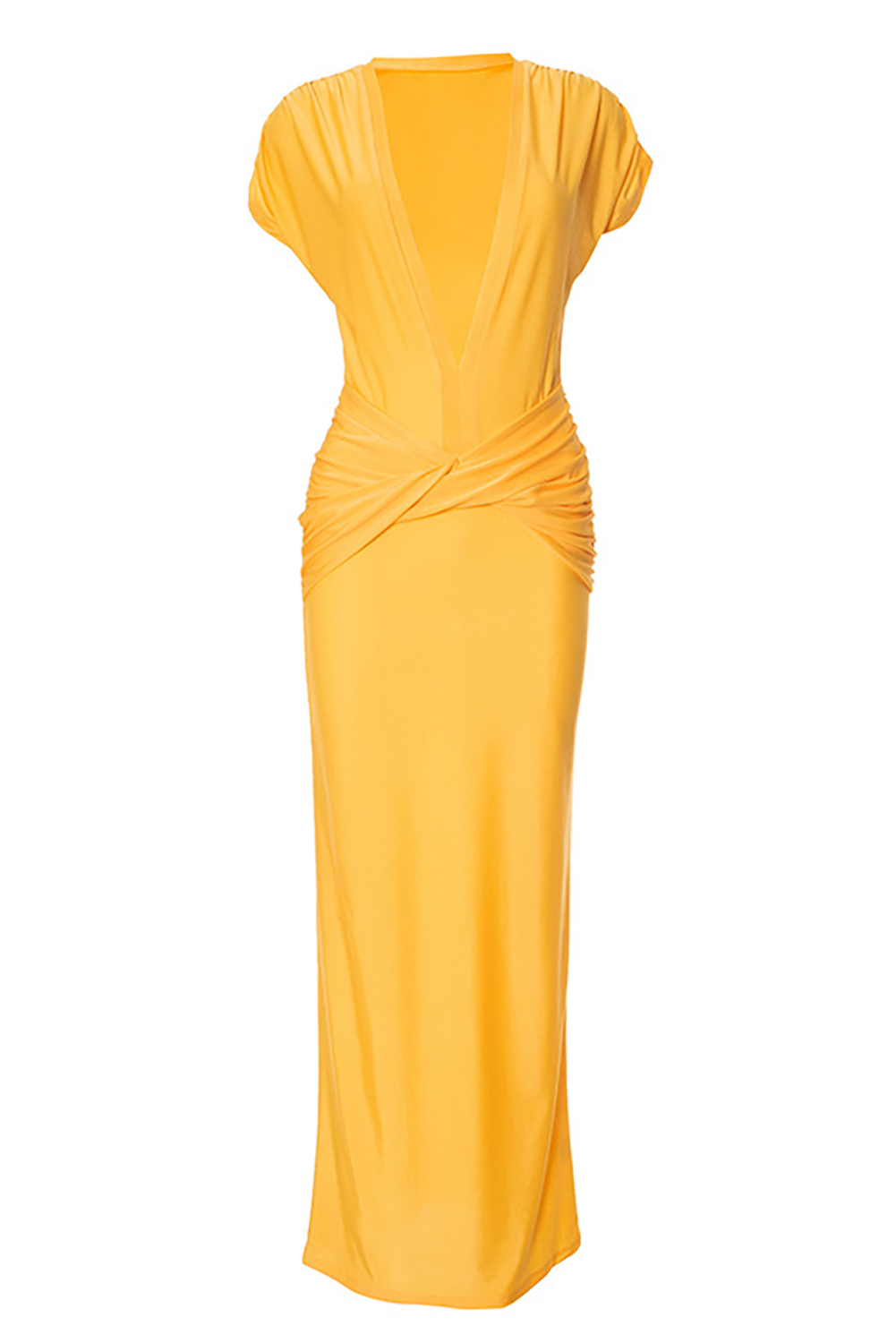 Deep V Neck Short Sleeve Twisted Ruched Fitted Plain Maxi Dresses-Yellow