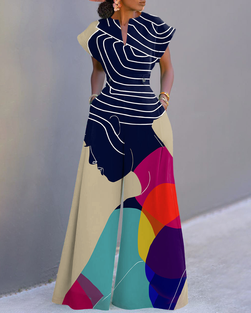 African Women Illustration Neckline Batwing Sleeve Wide Leg Jumpsuit