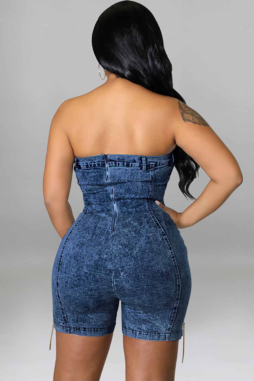 Boat Neck Denim Strapless Cutout Chain Lace Up Playsuit Romper-LightBlue