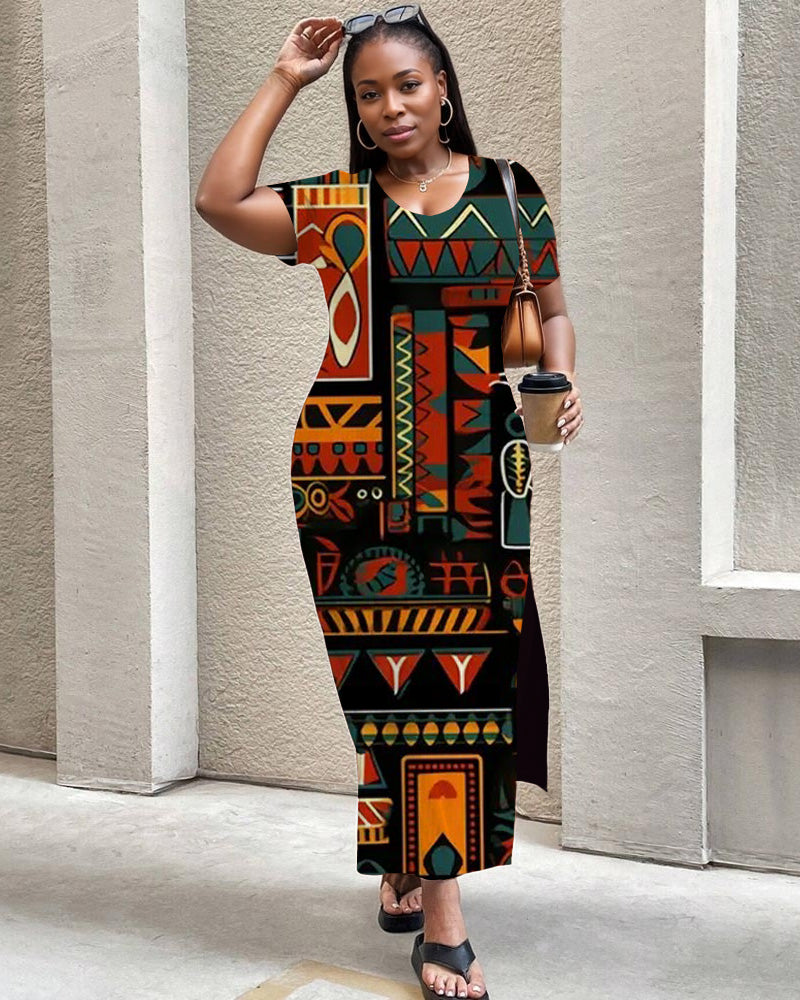 Multicolor Retro Prints Round Neck Short Sleeve Slit Dress