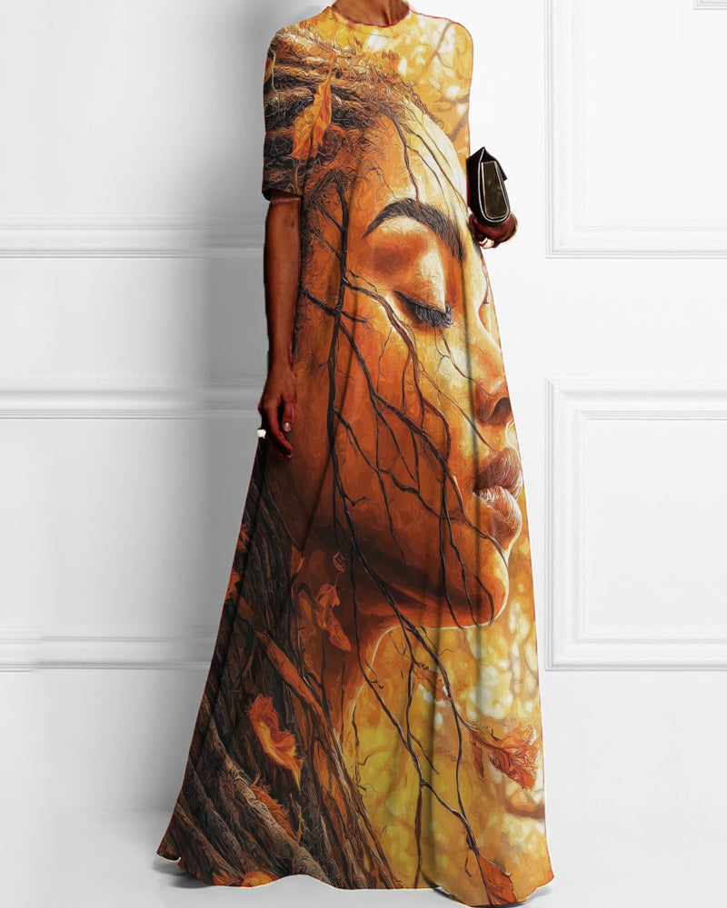 Black Personality Retro Print Short-sleeved Long Skirt