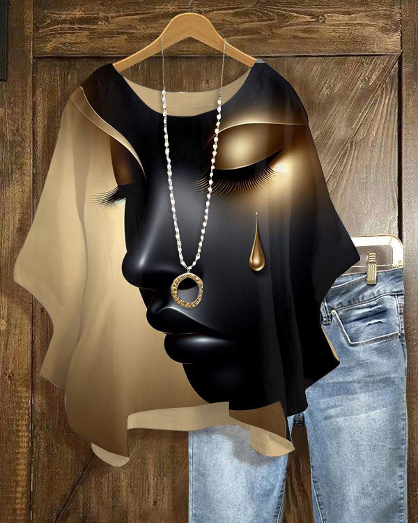 Golden Tears Girl Art Print Crew Neck Casual Blouses