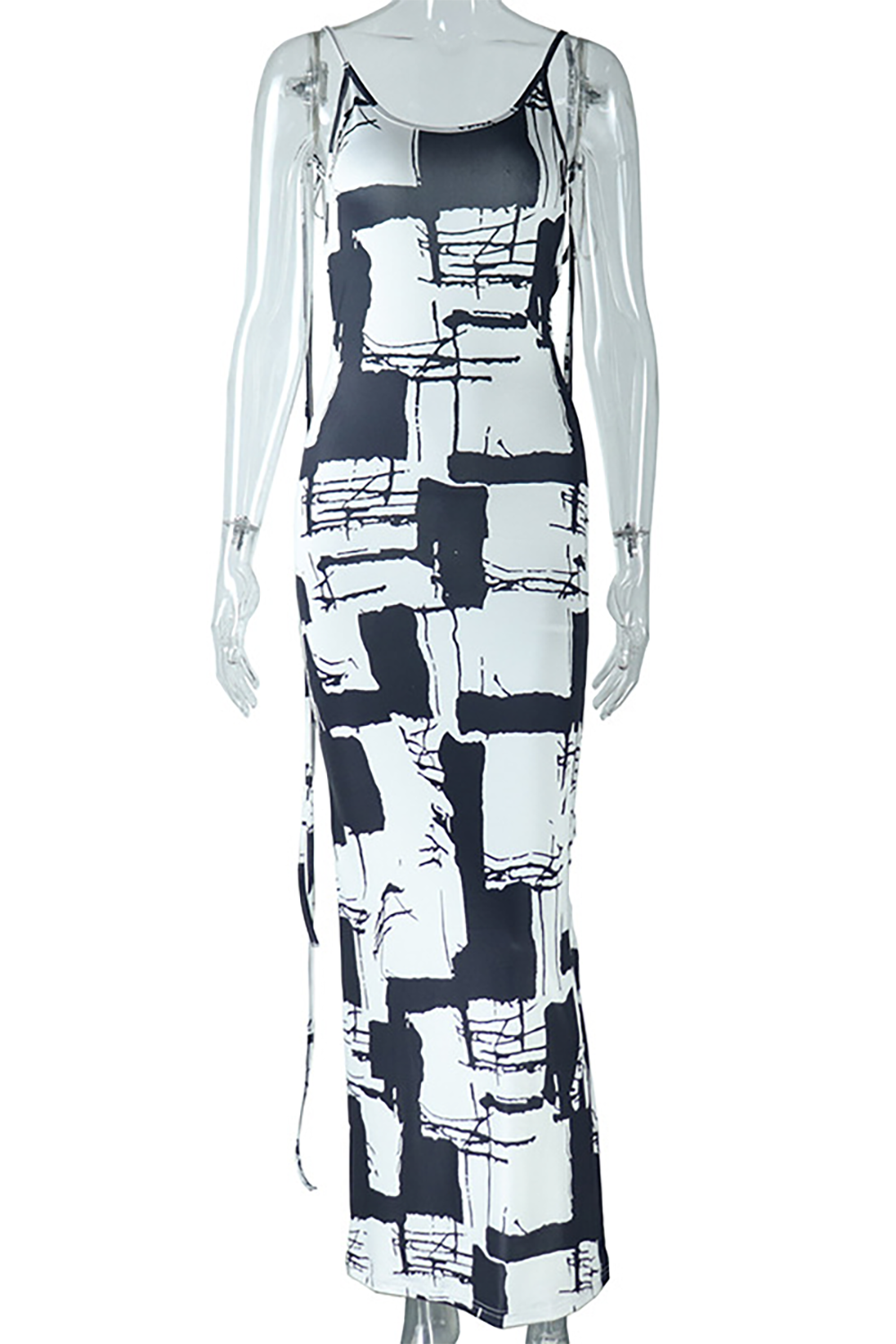 Graphic Print U Neck Open Back Bodycon Slip Maxi Dresses-Black