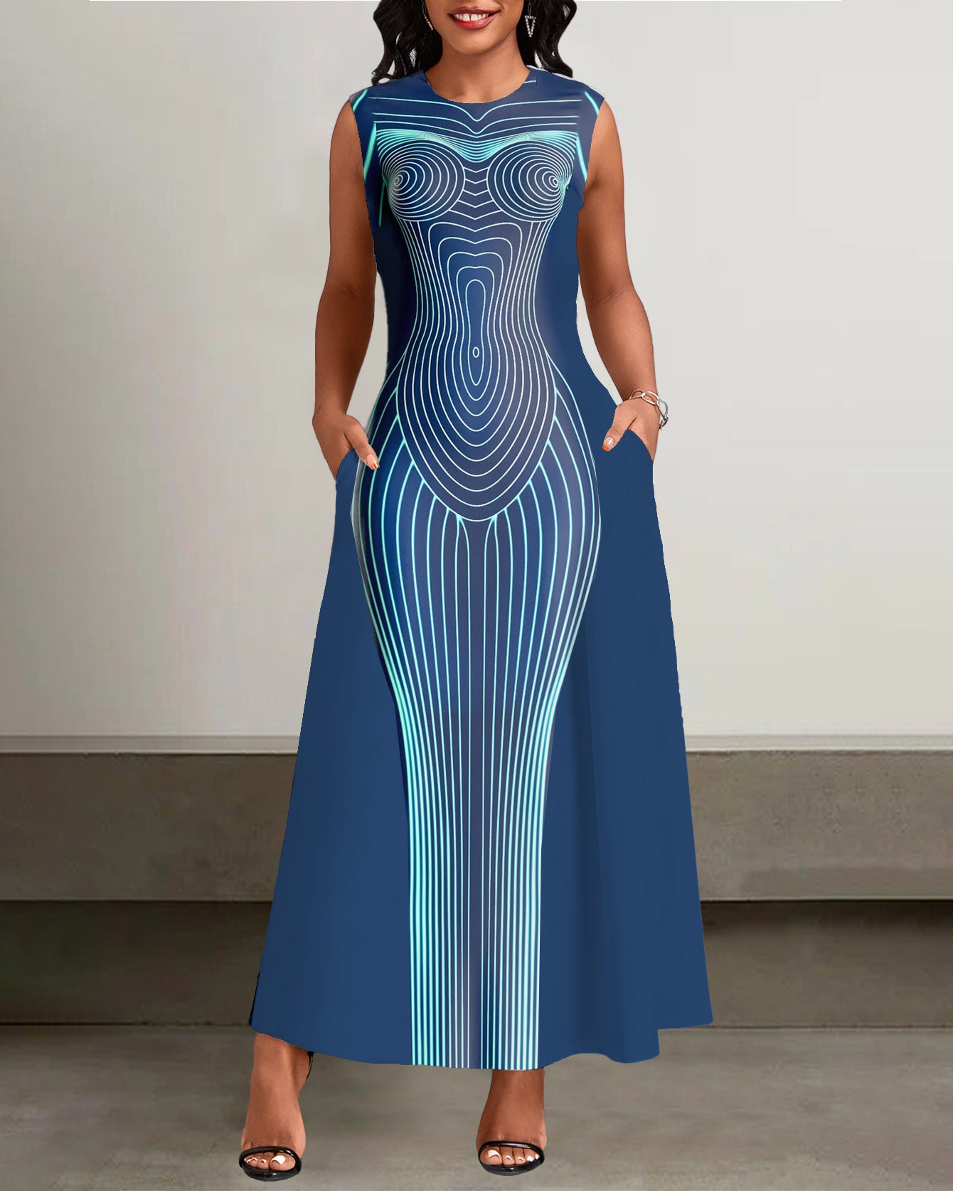 Sexy Green Stripes Body Print Pockets Casual Dress