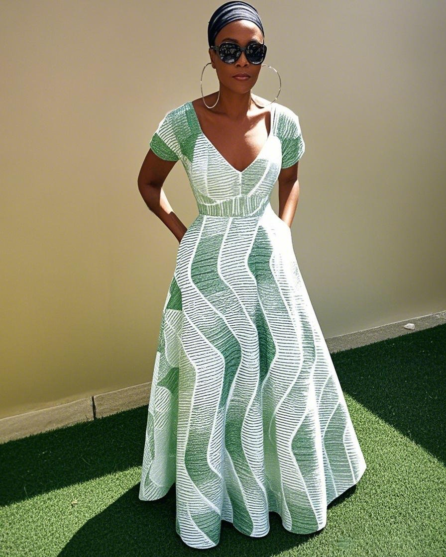 V Neck Ankara Wavy stripes Short Sleeve Maxi Dress