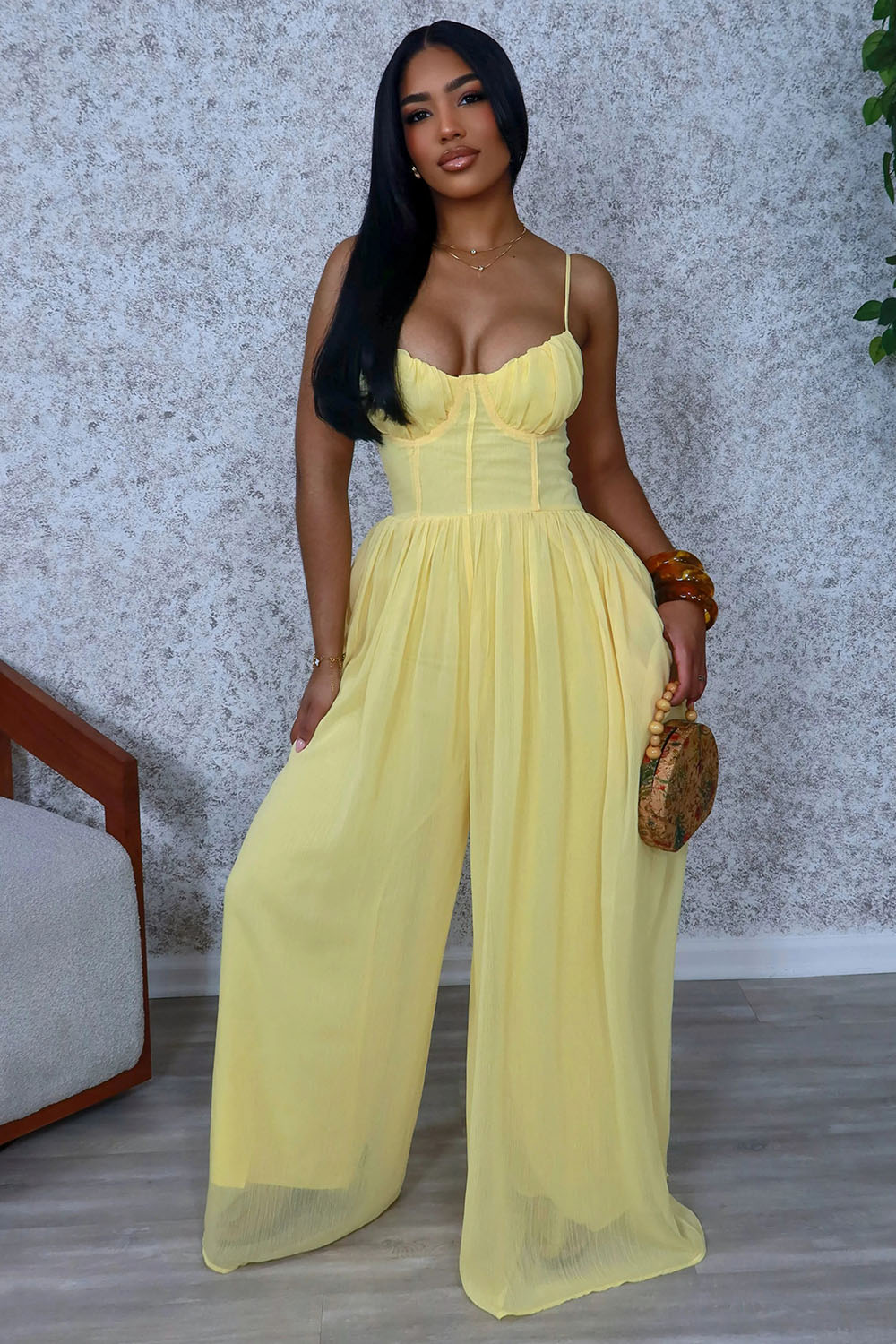 Corset Gathered Vacation Flowy Wide Leg Cami Jumpsuit-Orange
