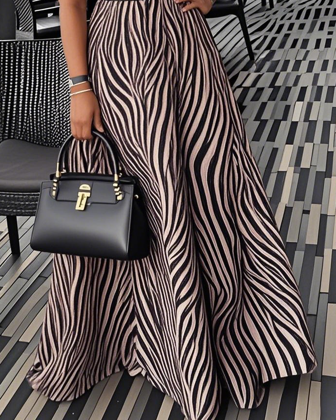 Women's Summer Elegant Round Neck Short Sleeve Zebra Pattern Print Slim Waist A-Line Maxi Dress(Without Belt)