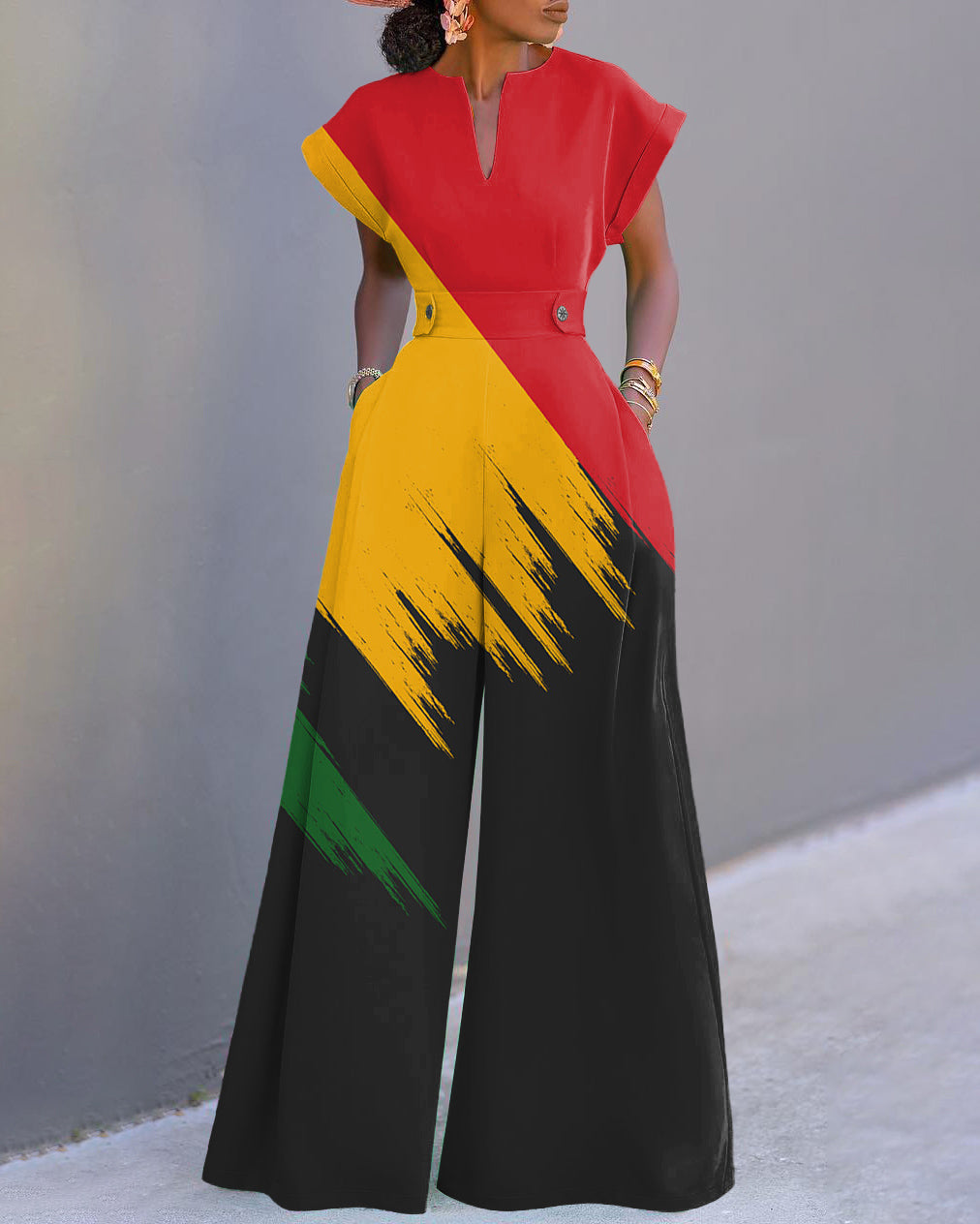 Black History Colour Contrast Neckline Batwing Sleeve Wide Leg Jumpsuit