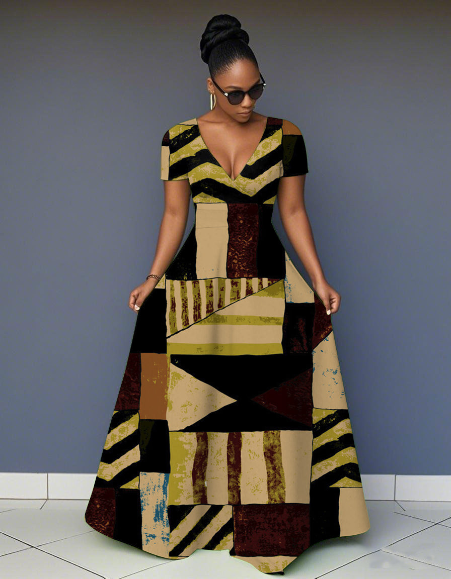 V Neck African Geometric Color Contrast Short Sleeve Maxi Dress