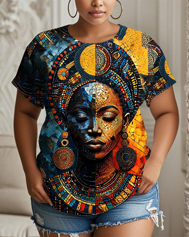 Fashion African Art Prints Crew Neck Short Sleeve T-shirt