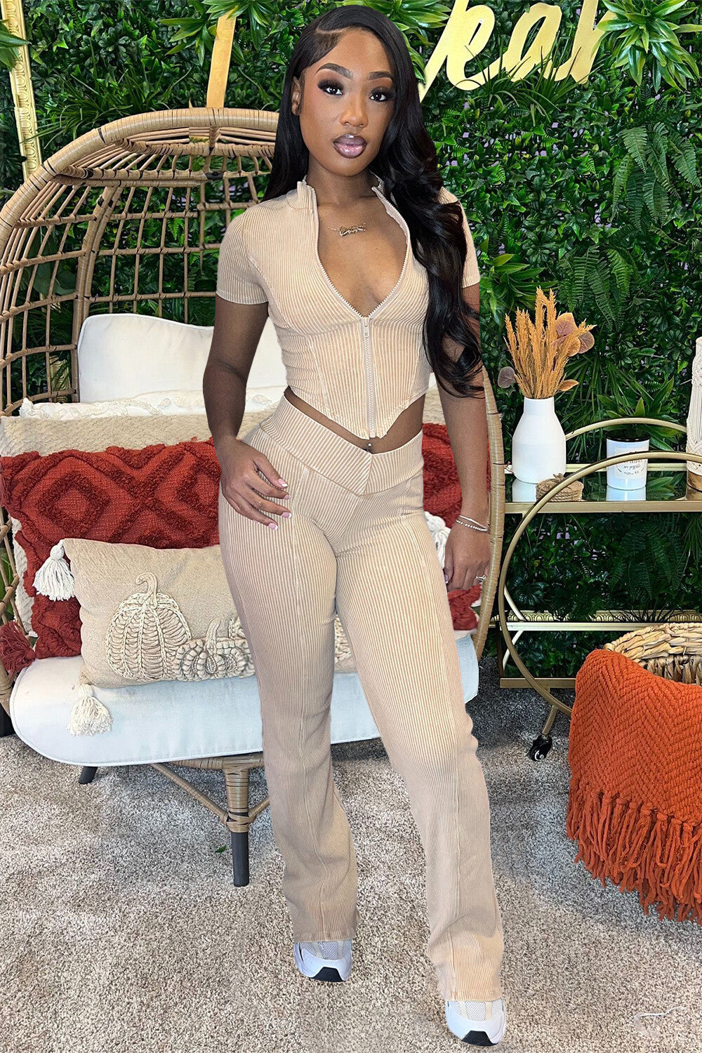 Short Sleeve Zipper Crop Top Solid Color Textured Flared Pants 2pcs Set-Black