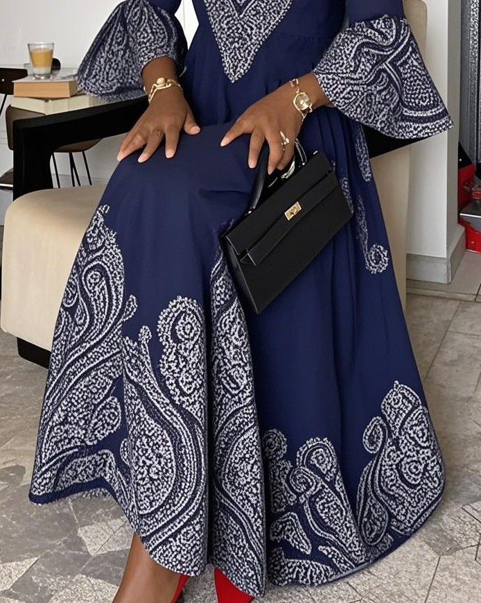 Women Fashion Elegant Formal Round Neck 3/4 Sleeves Pattern Maxi Dress