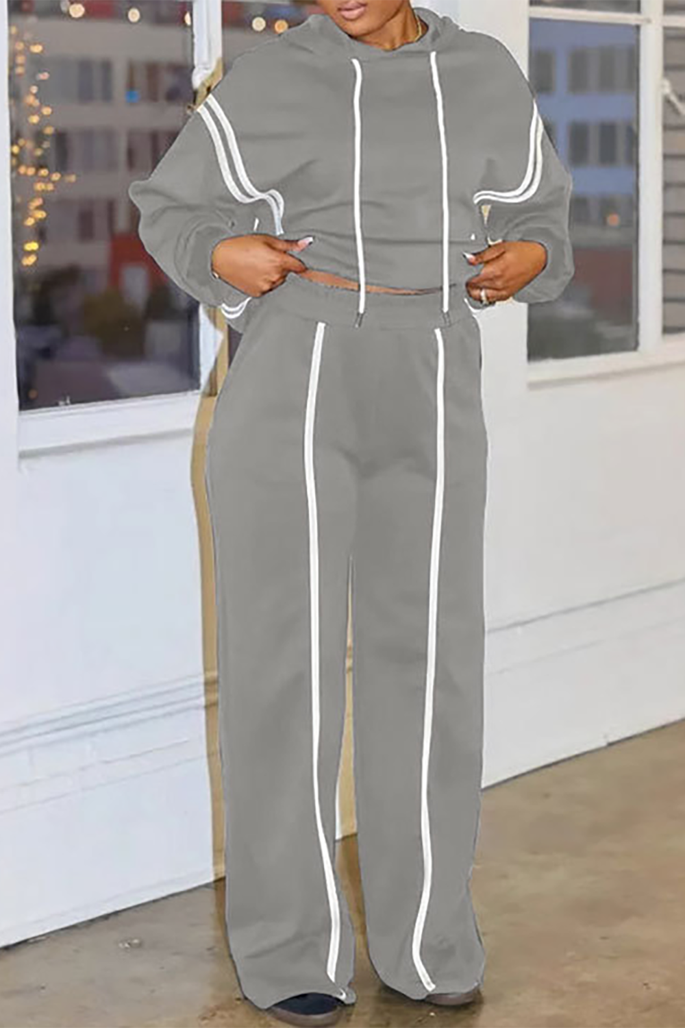 Colorblock Trim Long Sleeve Hoodie Straight Leg Pants Casual 2pcs Set-Black