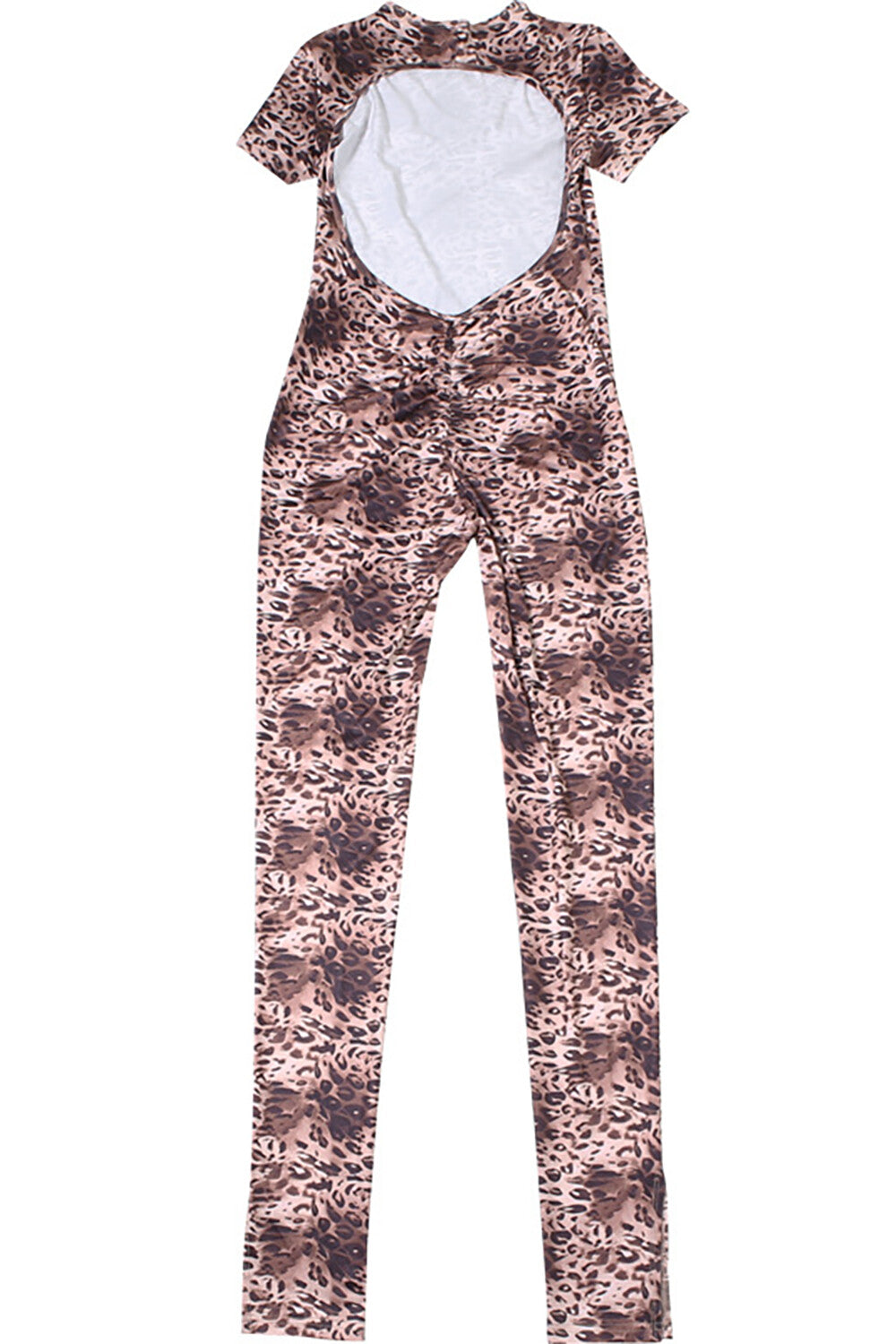 Leopard Print Slim Fit Short Sleeve Open Back Jumpsuit-Brown