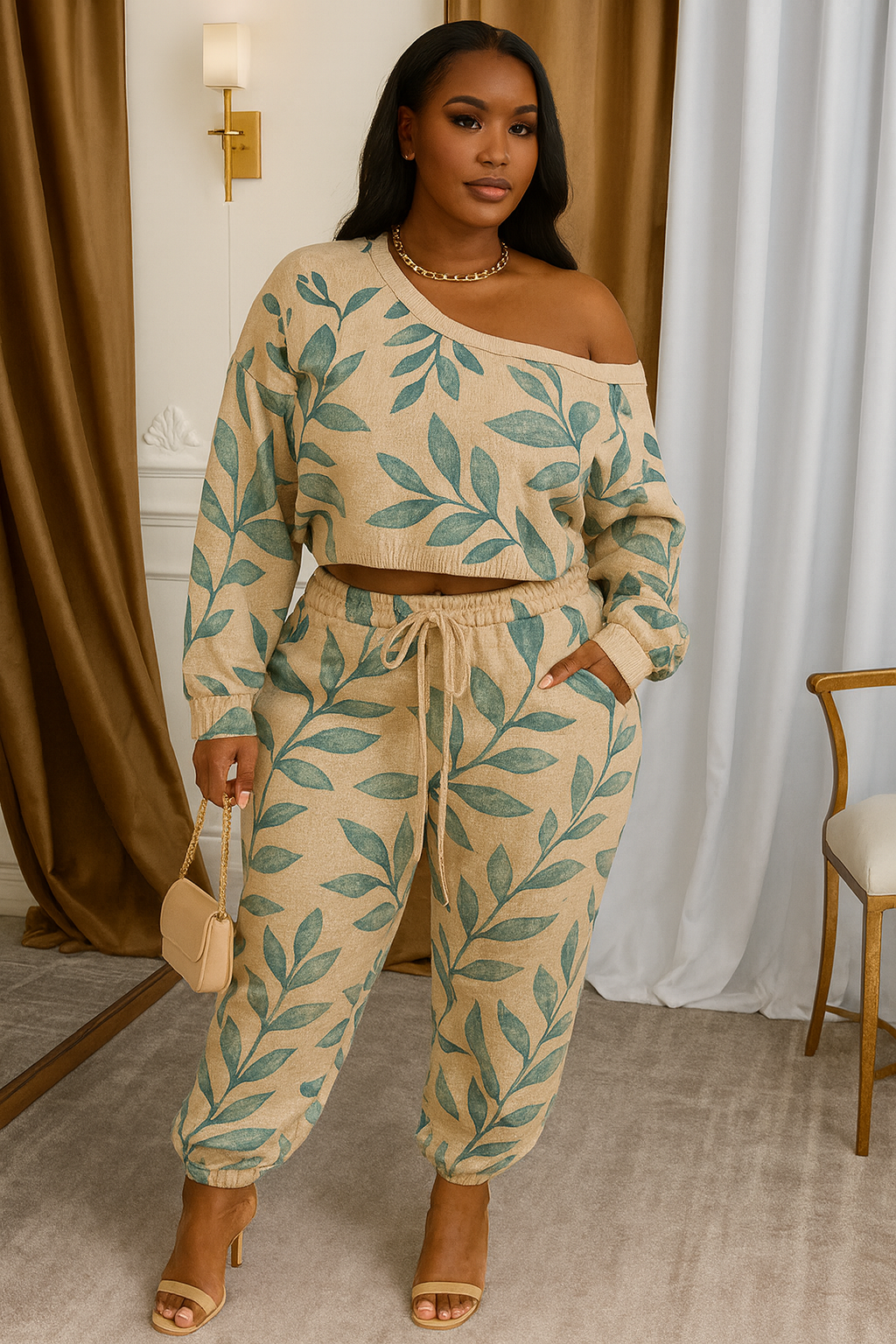 Long Sleeve Printed Shoulder Casual Two-Piece Suit