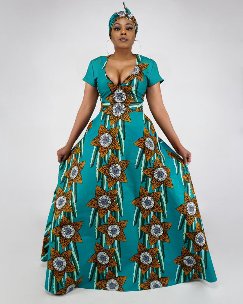 V Neck African Print Elegant Flowers Short Sleeve Maxi Dress