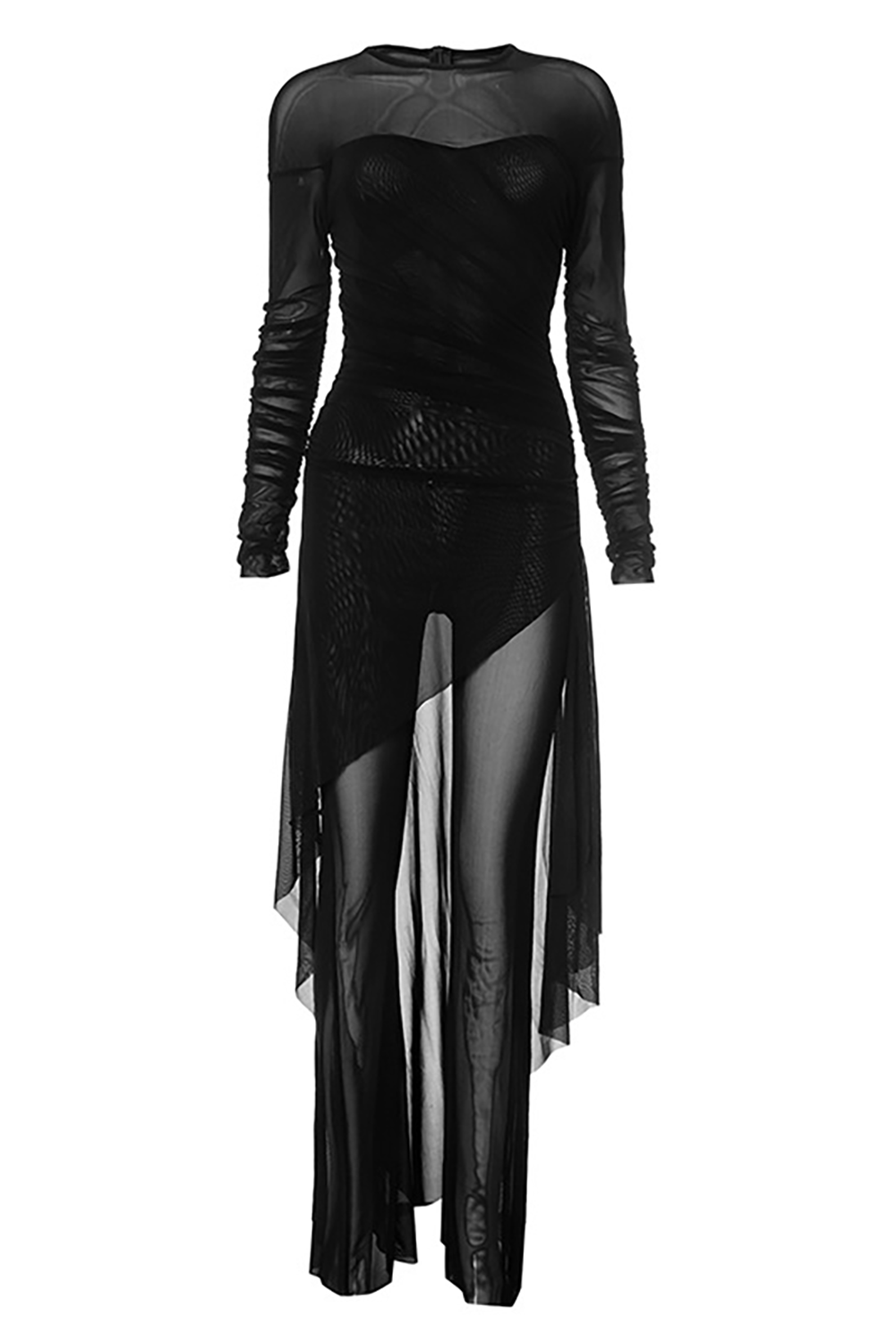 See Through Mesh Ruched Long Sleeve Irregular Top Flared Pants 2pcs Set-Black