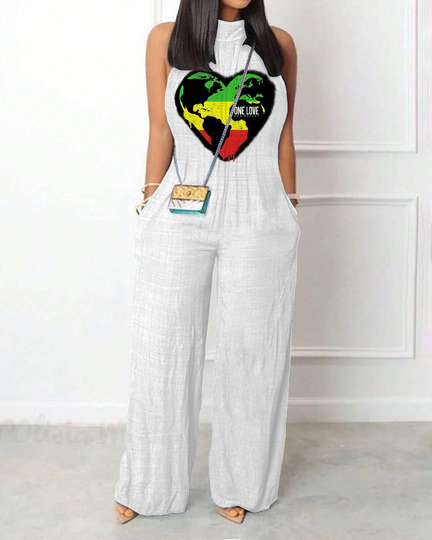 Black Power One Love Sleeveless Pleated Halter Pockets Jumpsuit