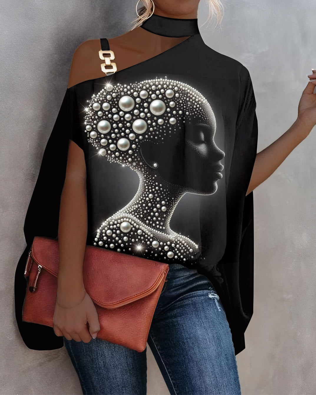 Black Pearl Girl One Shoulder Blouses Shirt