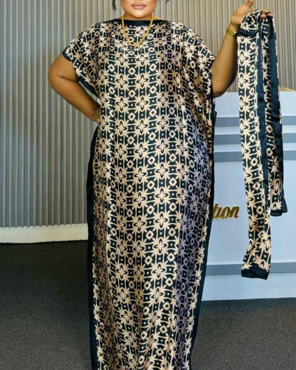 Round Neck Golden Flower Geometry Elegant Robe Dress(Includes Headscarf)