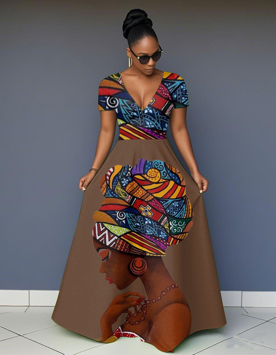 V Neck African Women Print Patchwork Short Sleeve Maxi Dress