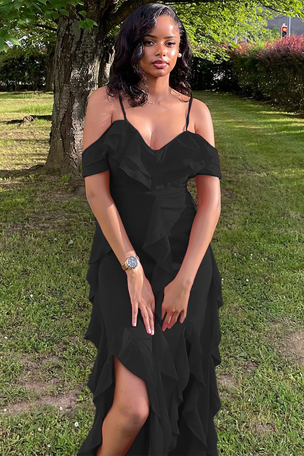 Drop Shoulder Ruffled Slim Fit Slit Cami Maxi Dresses-Red