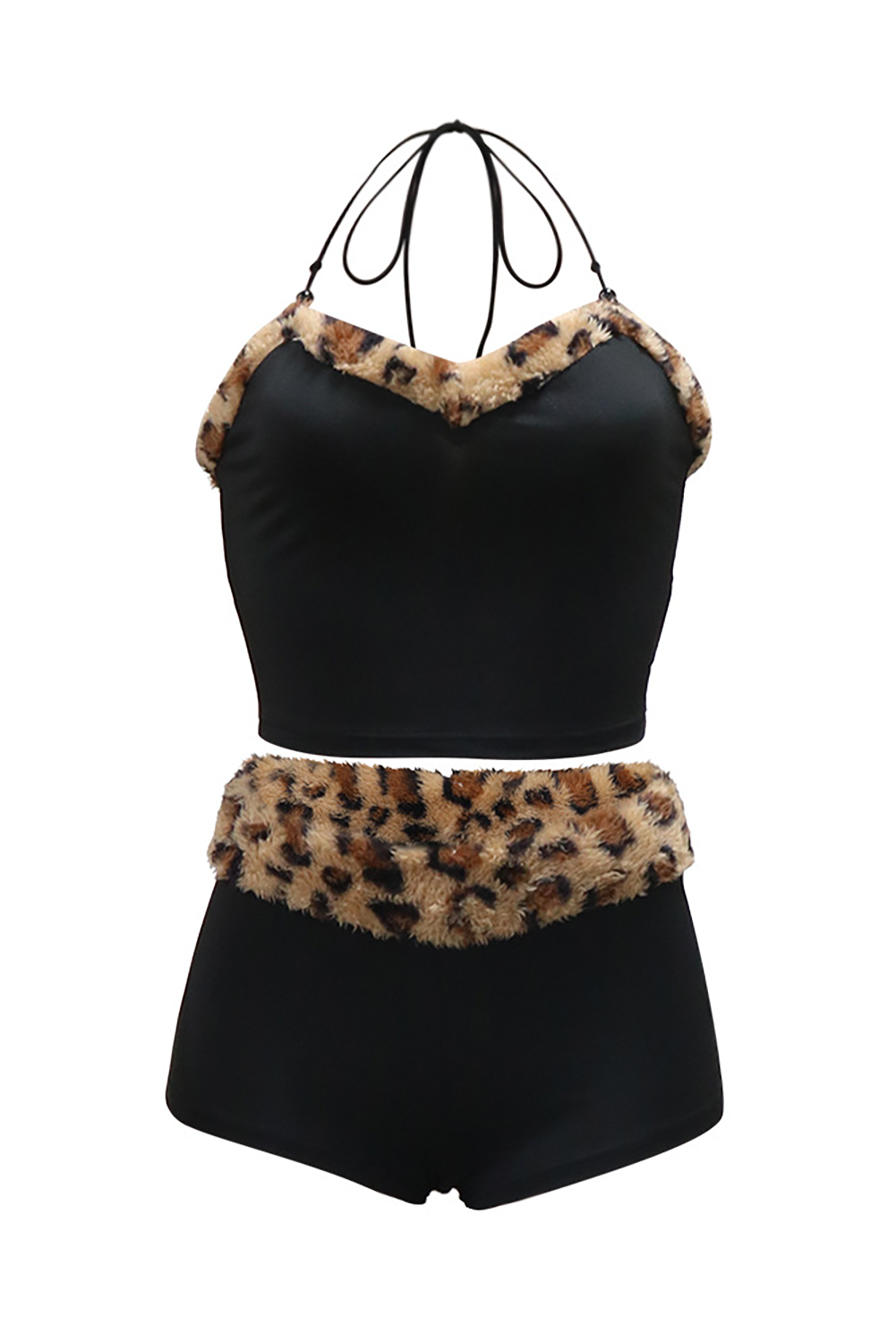 Fuzzy Leopard Print Patchwork Halter Crop Top Low-Rise Shorts 2pcs Set-Black