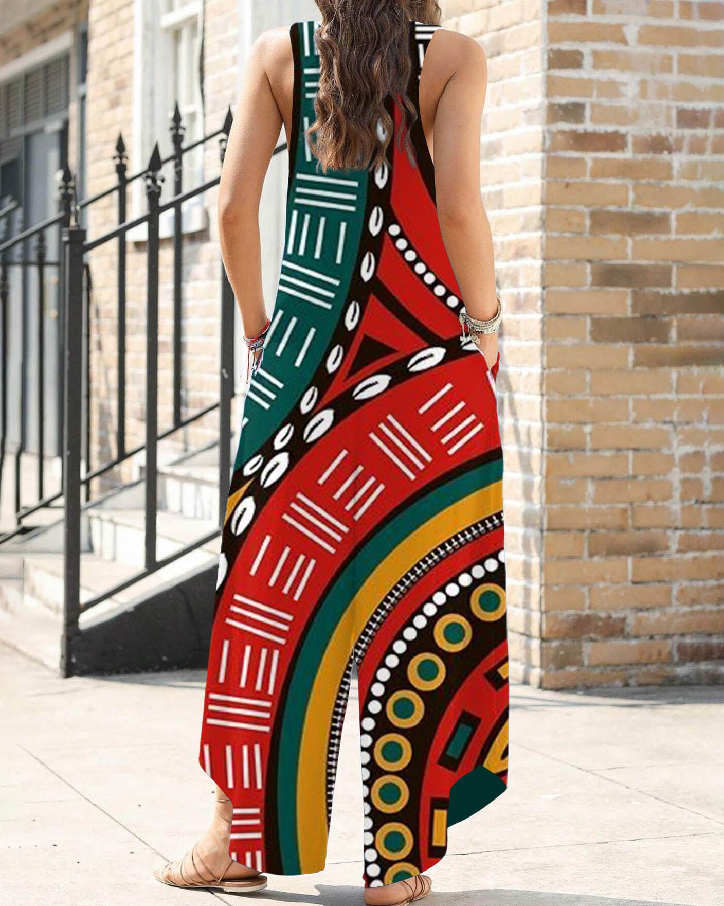 Bohemian Tribal Totem V Neck Wide Leg Overall Pockets Jumpsuits