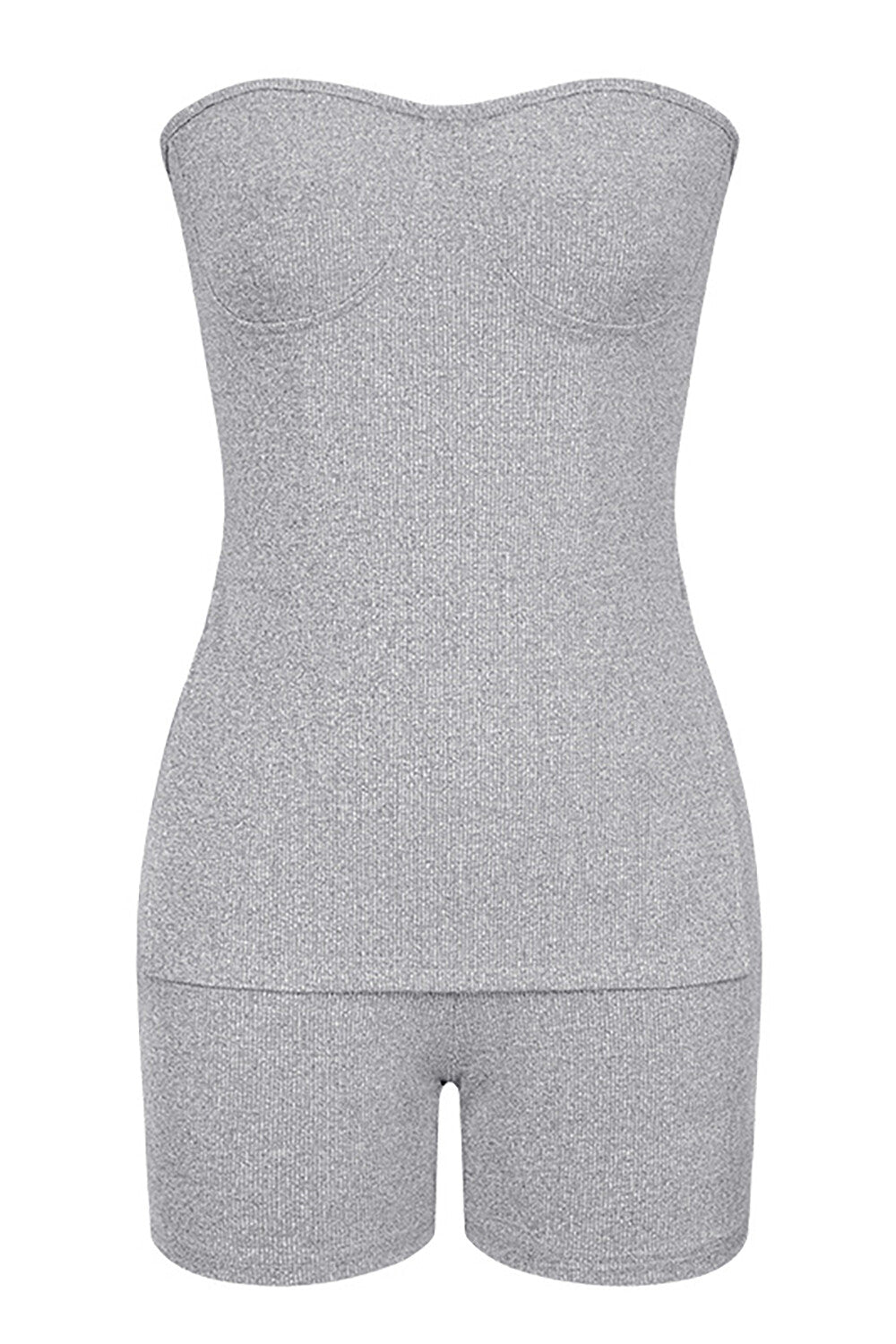 Solid Color Knit Strapless Slit Top Casual Shorts Matching Set-Grey