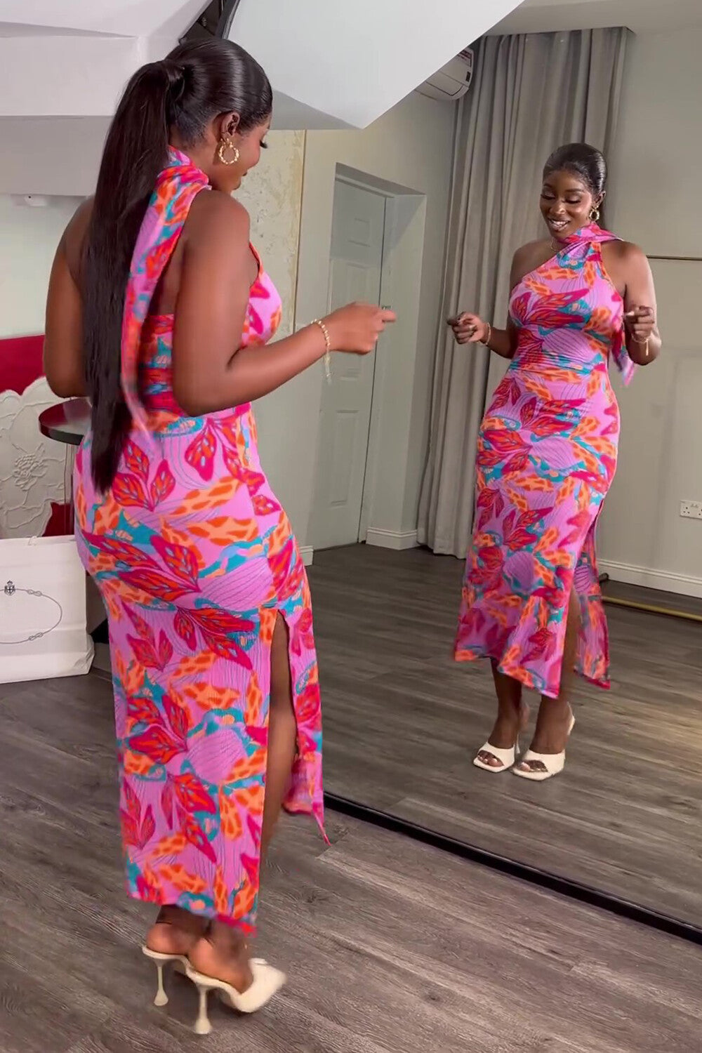 Floral Print Halter Streamer Bodycon Midi Dresses-Pink