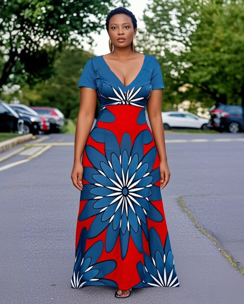 V Neck Big Blue Flowers Short Sleeve Maxi Dress