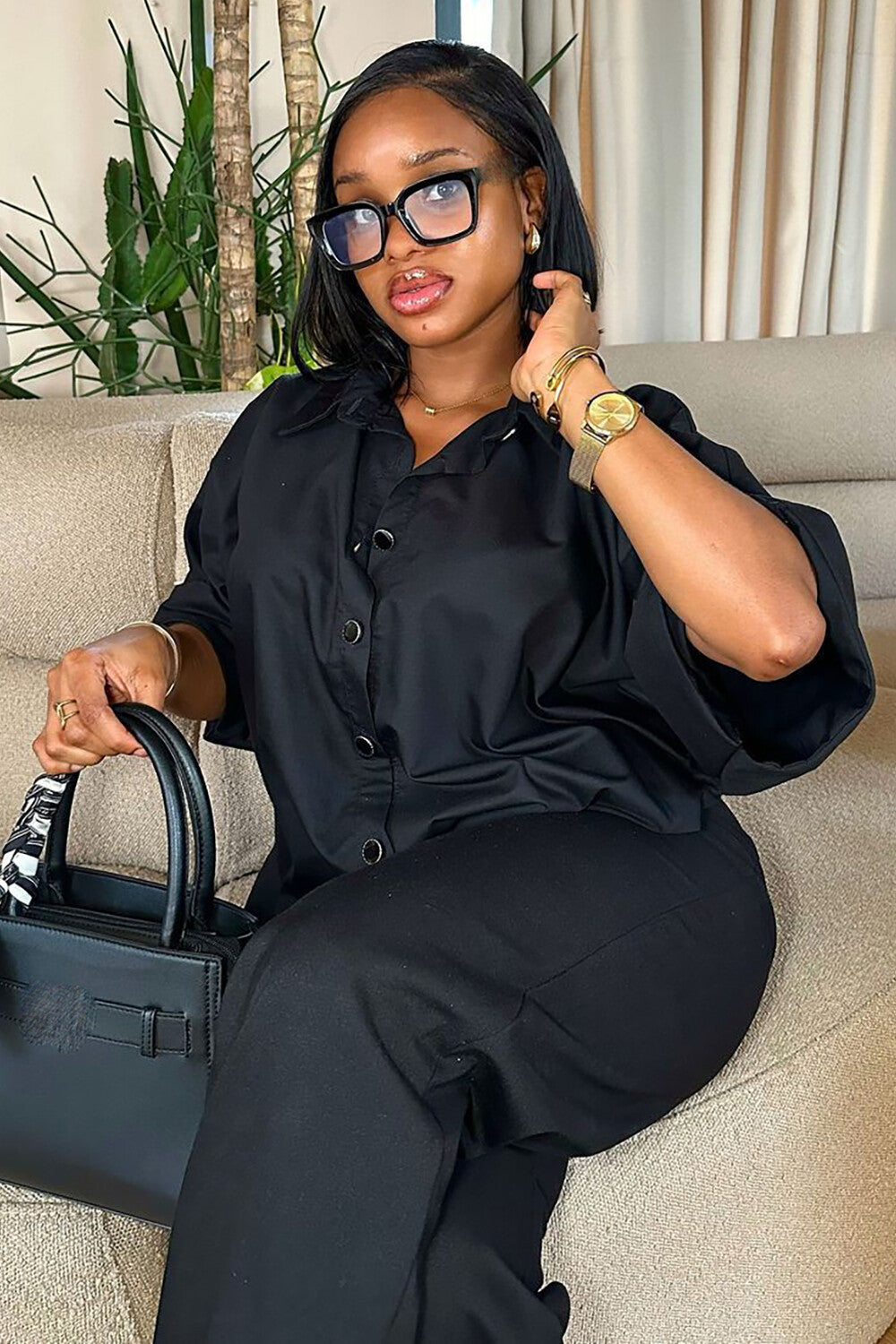 Button Up Half Sleeve Loose Fit Blouse Solid Color Pants 2pcs Set-Black