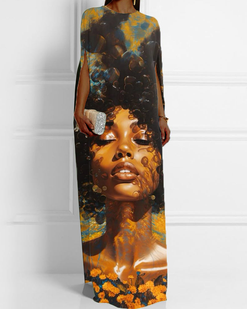 Black Girl Oil Painting Retro Shawl Short Sleeve Long Dress