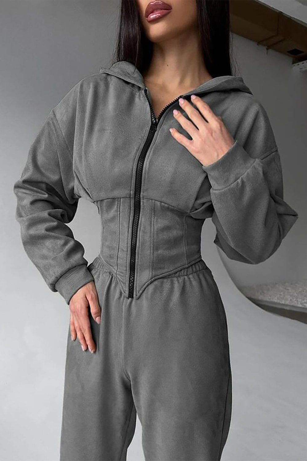 Zip-Up Cinch Waist Hooded Track Jacket Solid Color Pants 2pcs Set-White